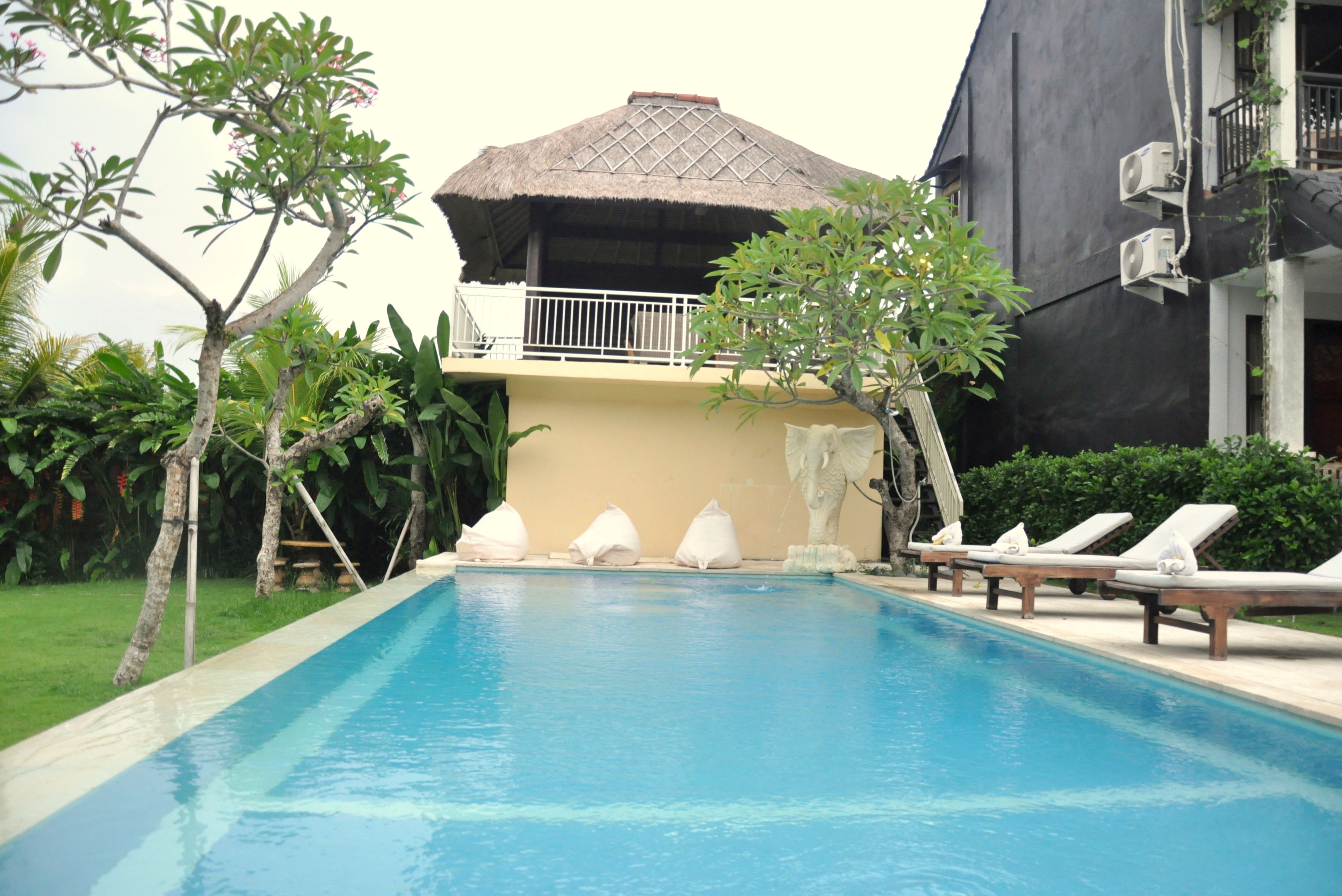 A swimming pool with lounge chairs and a building with a thatched roof.