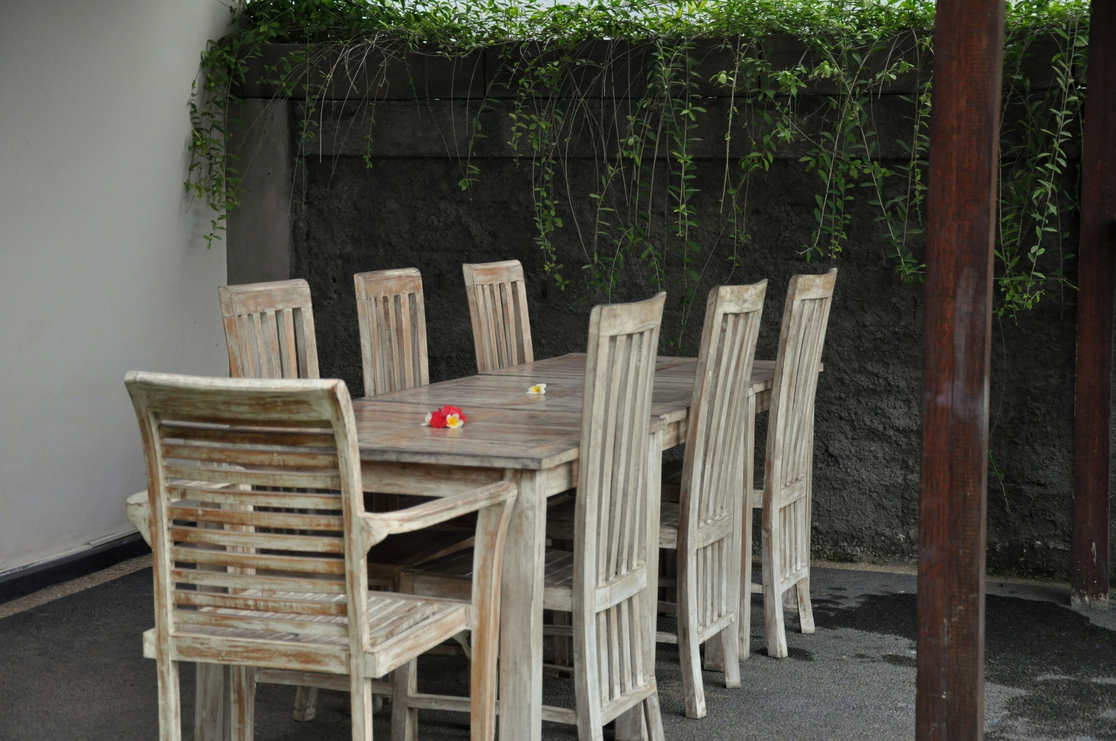 A wooden dining table with six chairs, set against a stone wall with greenery.