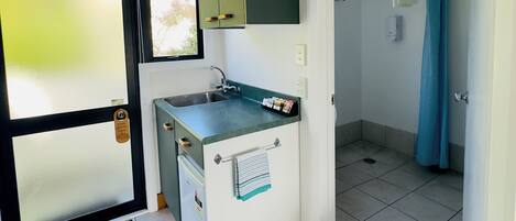 A compact kitchen with a sink, a small countertop, and cabinets.