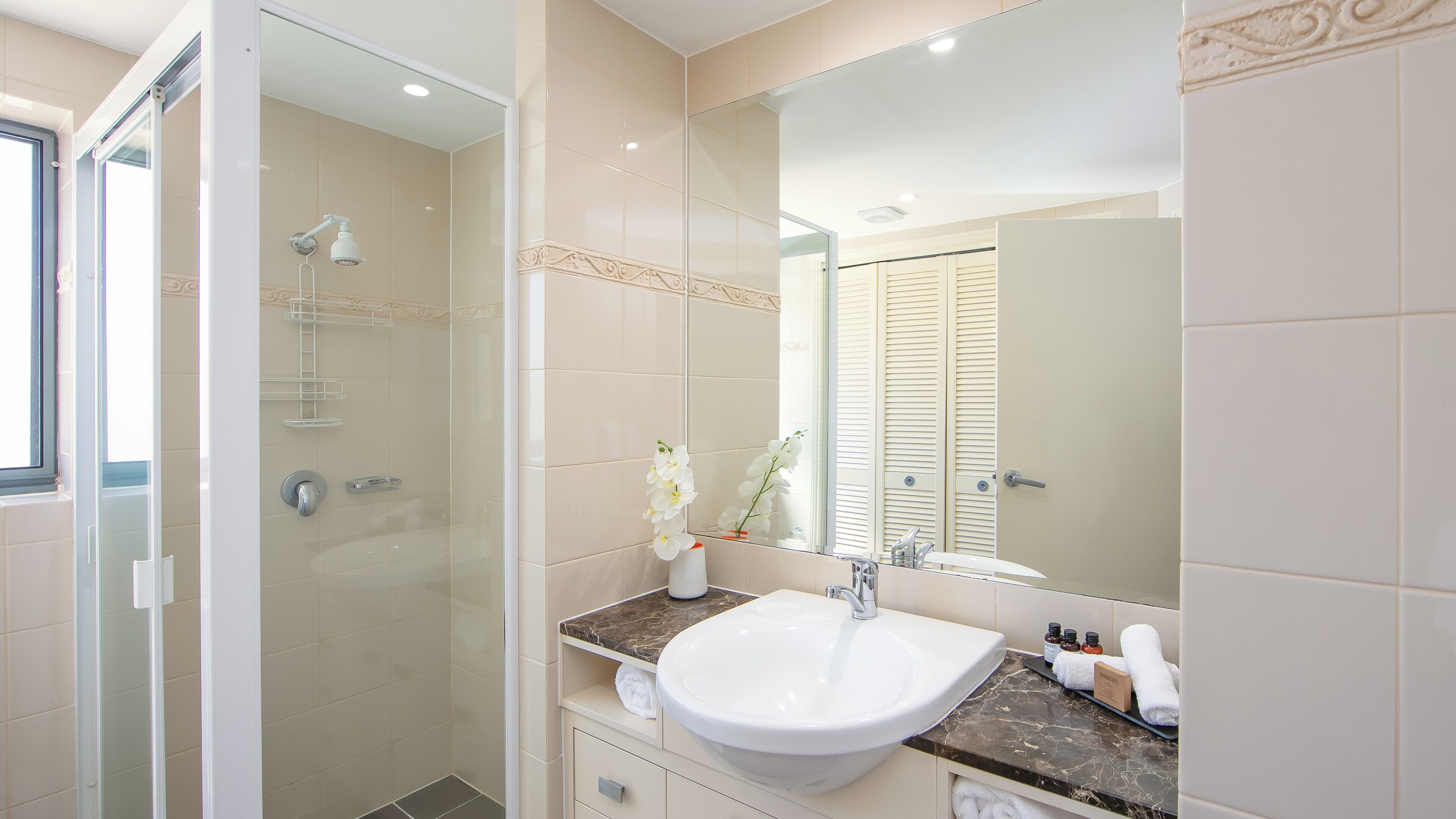 Une salle de bain moderne avec une douche à parois de verre, un lavabo blanc et un grand miroir.