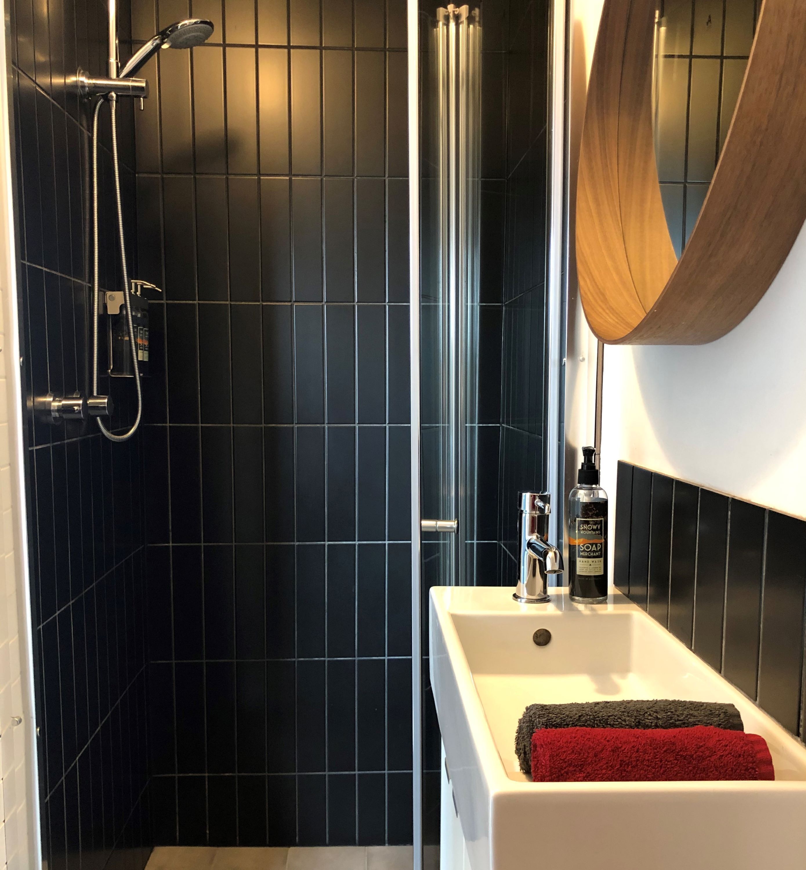 Une salle de bain avec une douche, un lavabo et un miroir.