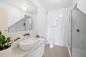 Shower, free toiletries, hair dryer, towels