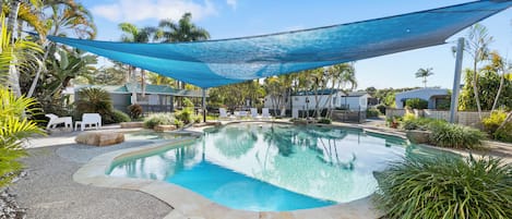 A swimming pool with a blue shade sail overhead, surrounded by palm trees and a clear sky.