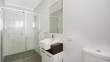 Shower, free toiletries, hair dryer, towels