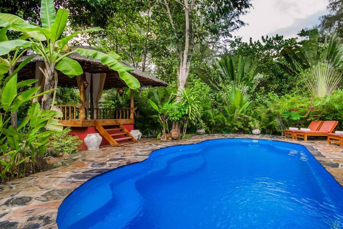 Une piscine entourée d’une végétation luxuriante, avec une terrasse en bois et des chaises longues.