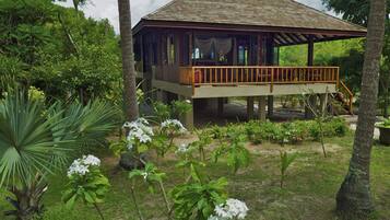 A wooden structure with a balcony, surrounded by tropical vegetation.