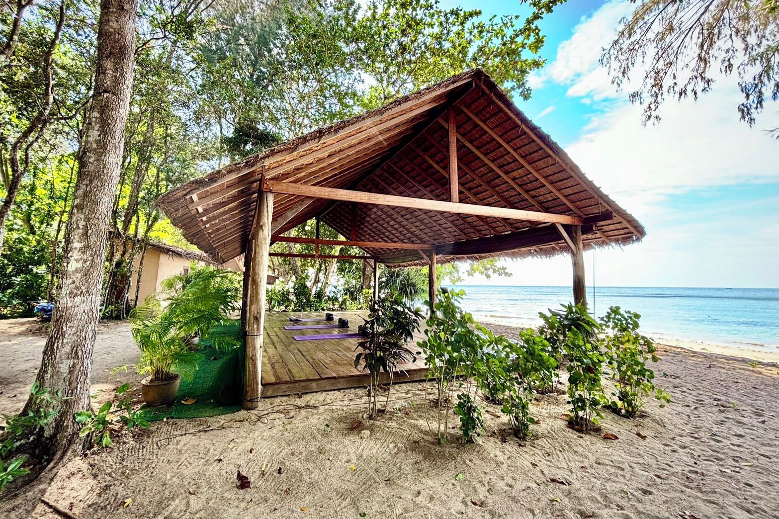 A beachside wooden structure with a thatched roof, surrounded by greenery and overlooking the sea.