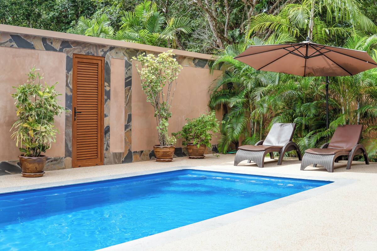 Une piscine avec des chaises longues et des plantes en pot.