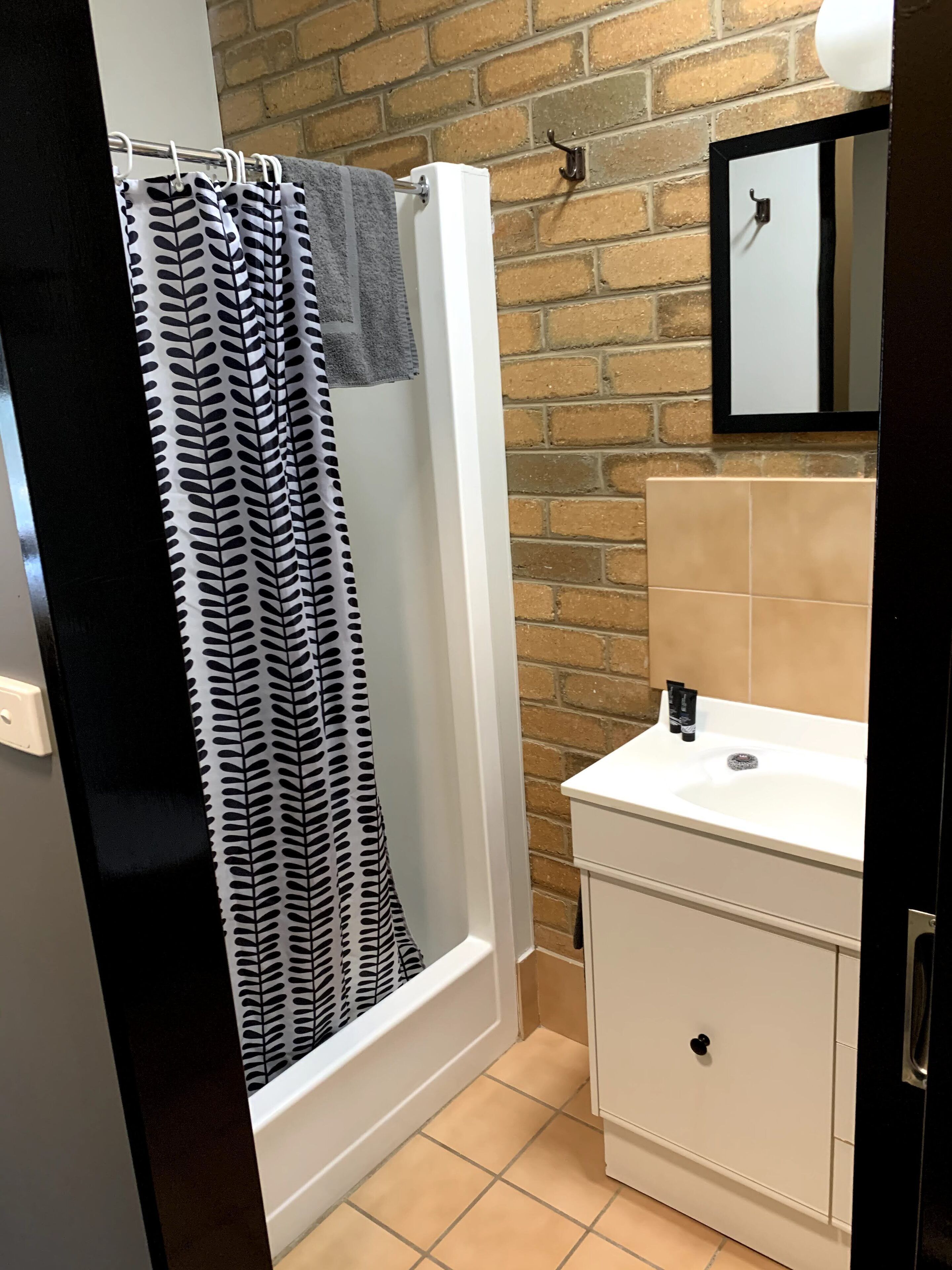 A bathroom with a shower, a sink, and a mirror.