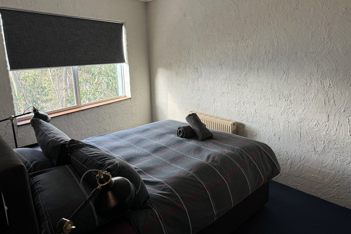 A bedroom with a bed, a radiator, a window with a view of trees, and a lamp.