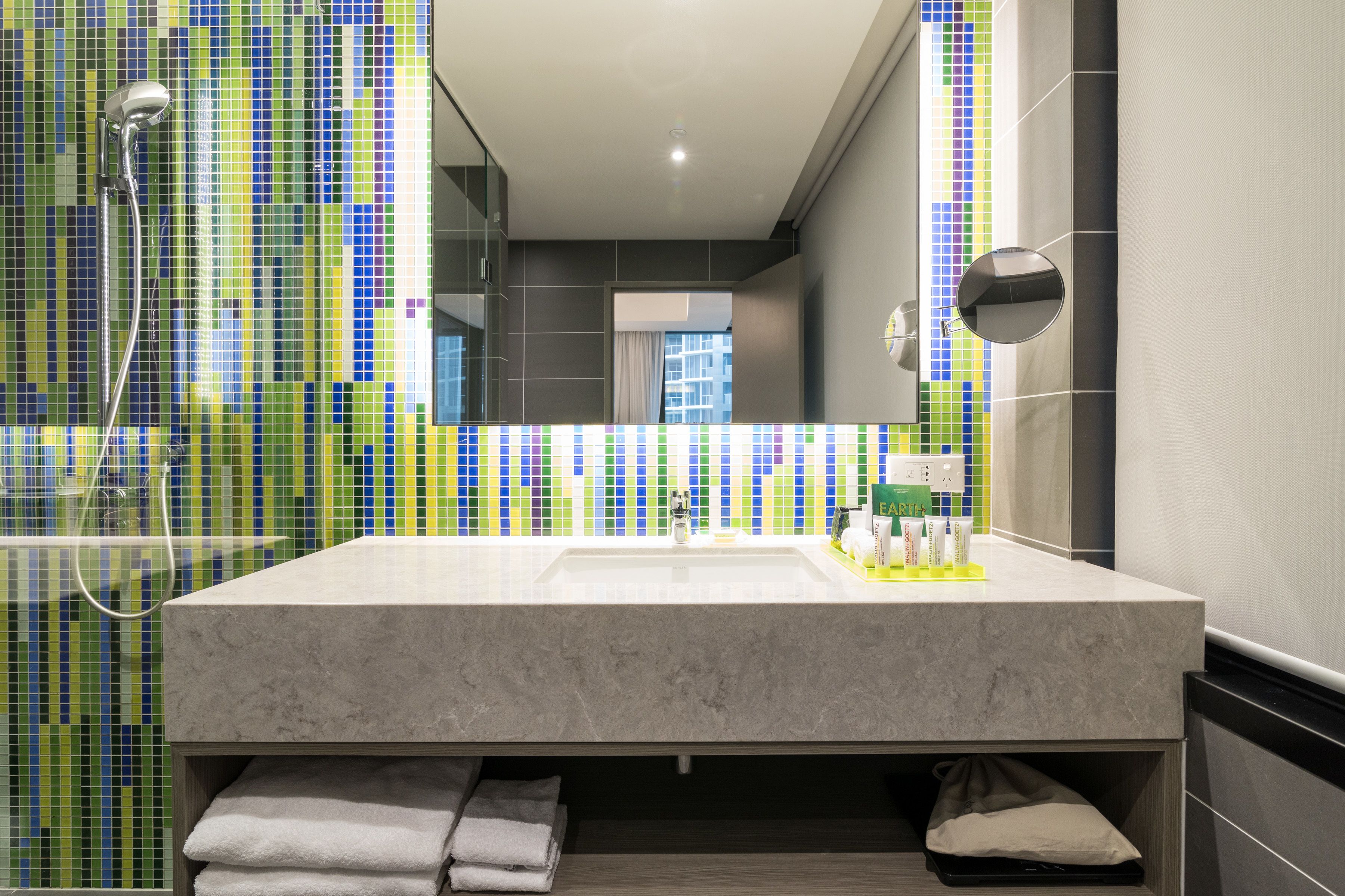 shower, rainfall showerhead, designer toiletries, hair dryer