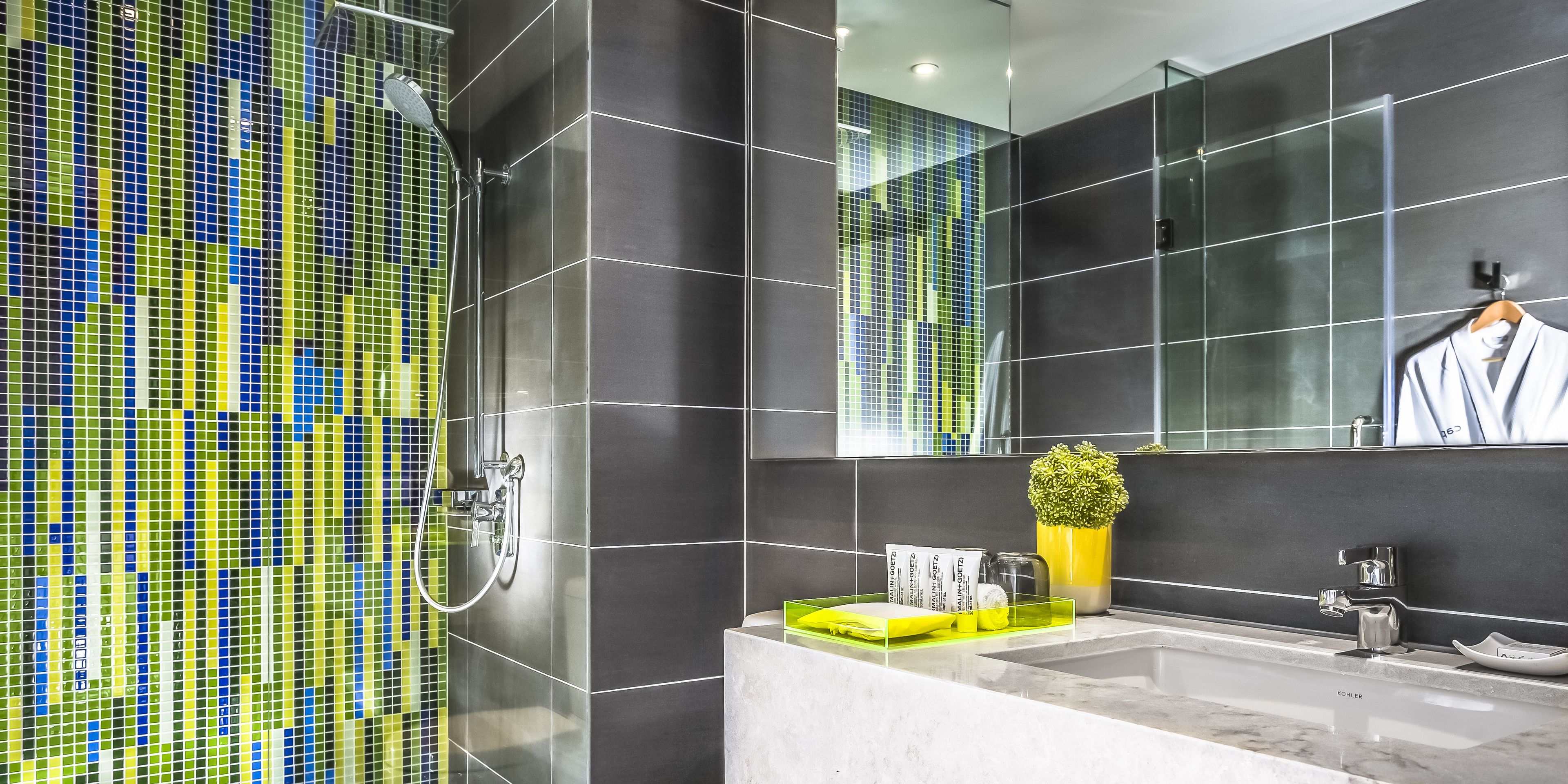 shower, rainfall showerhead, designer toiletries, hair dryer