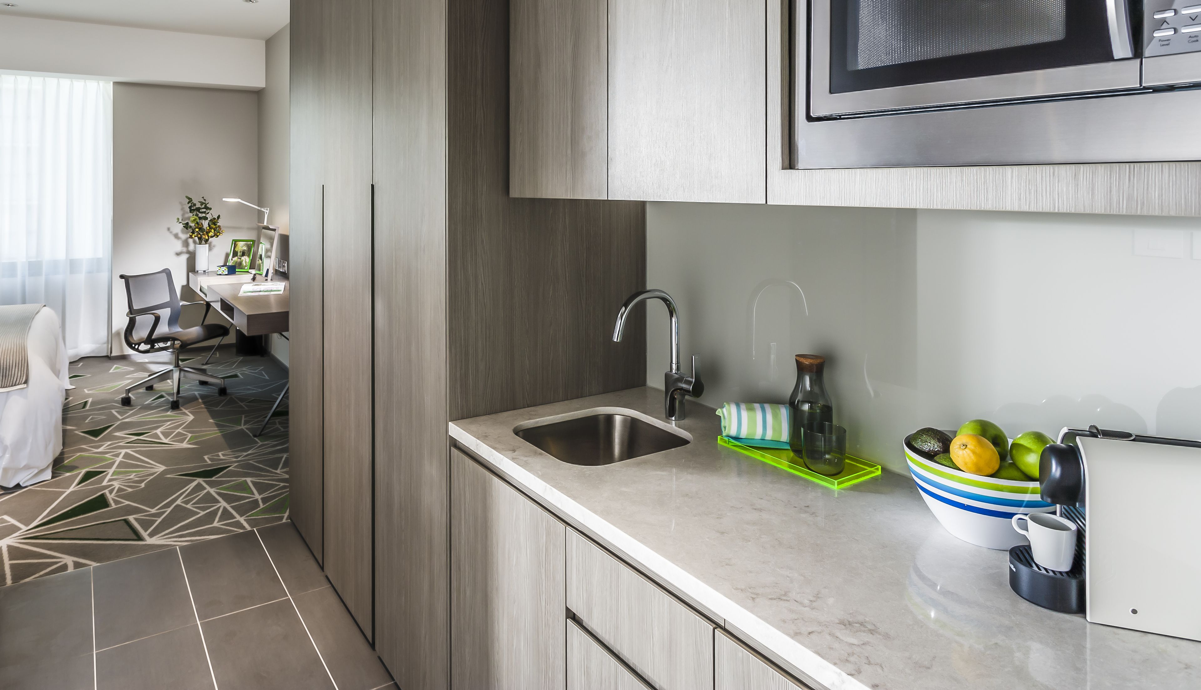 microwave, espresso maker, electric kettle, cookware/dishes/utensils