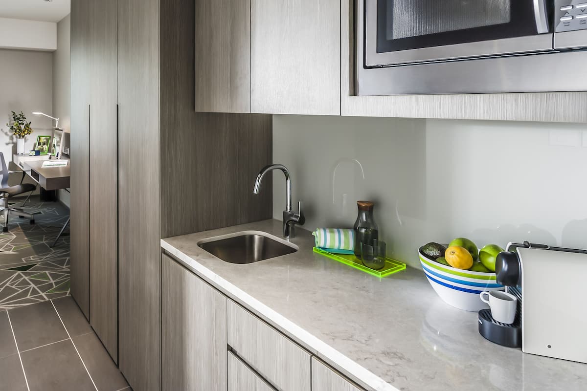 microwave, espresso maker, electric kettle, cookware/dishes/utensils