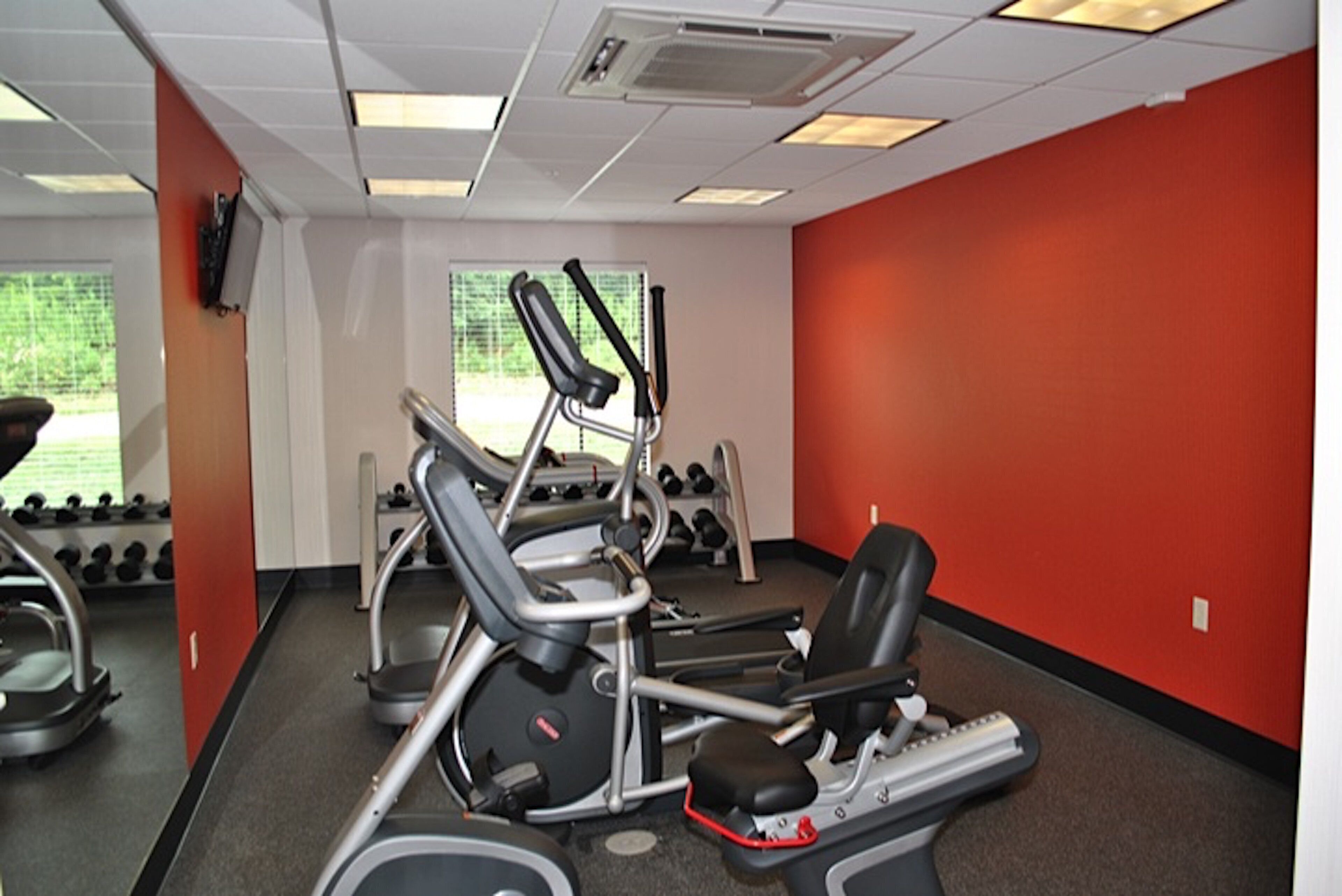 A gym with treadmills, elliptical machines, and free weights.
