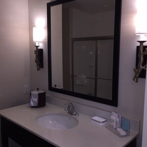 Un baño con un espejo grande, un lavamanos, un perchero para toallas y un dispensador de papel higiénico.