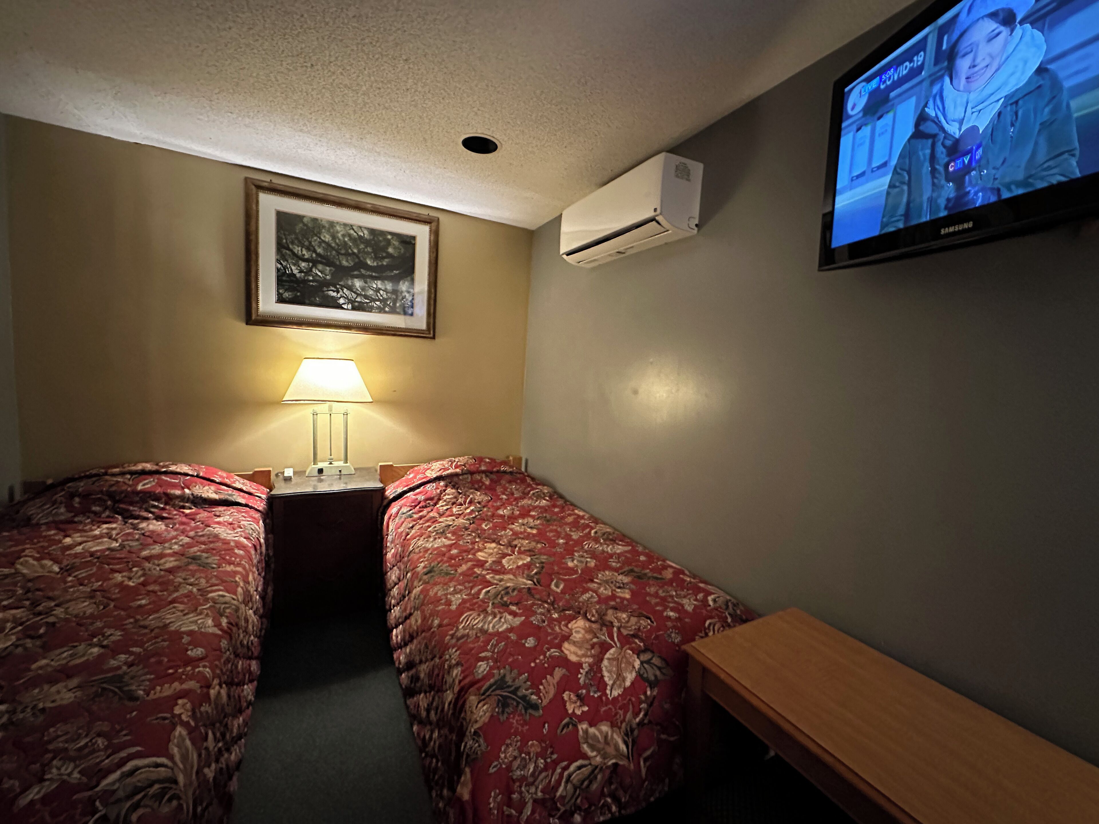 A hotel room with two beds, a TV, an air conditioner, a lamp, and a framed picture on the wall.