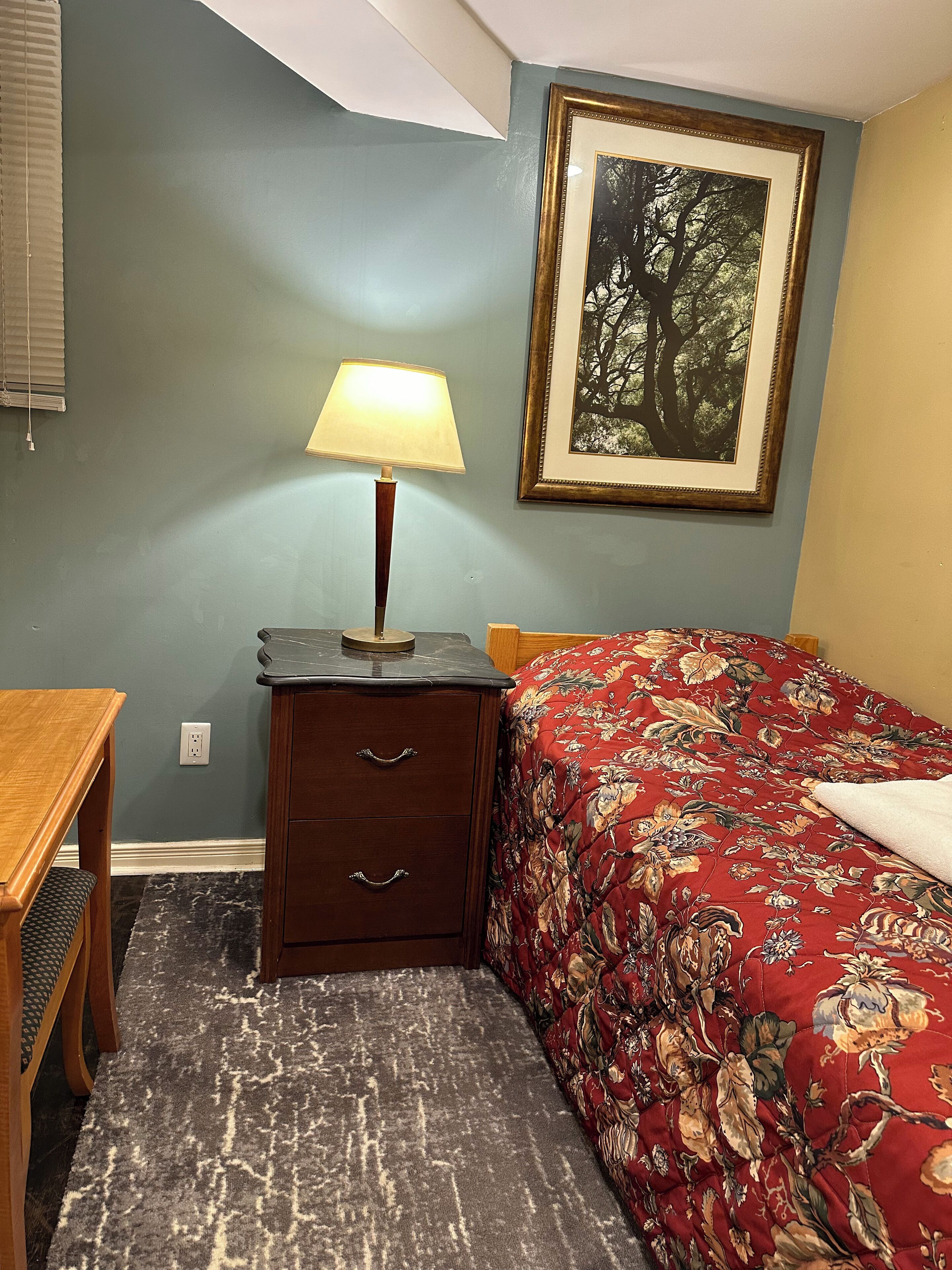 Une chambre à coucher avec un lit, une table de chevet, une lampe, un tableau encadré au mur et une fenêtre avec des stores.