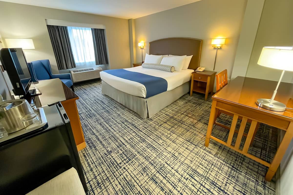 A hotel room with a bed, a desk, a chair, a TV, a lamp, and a window with curtains.