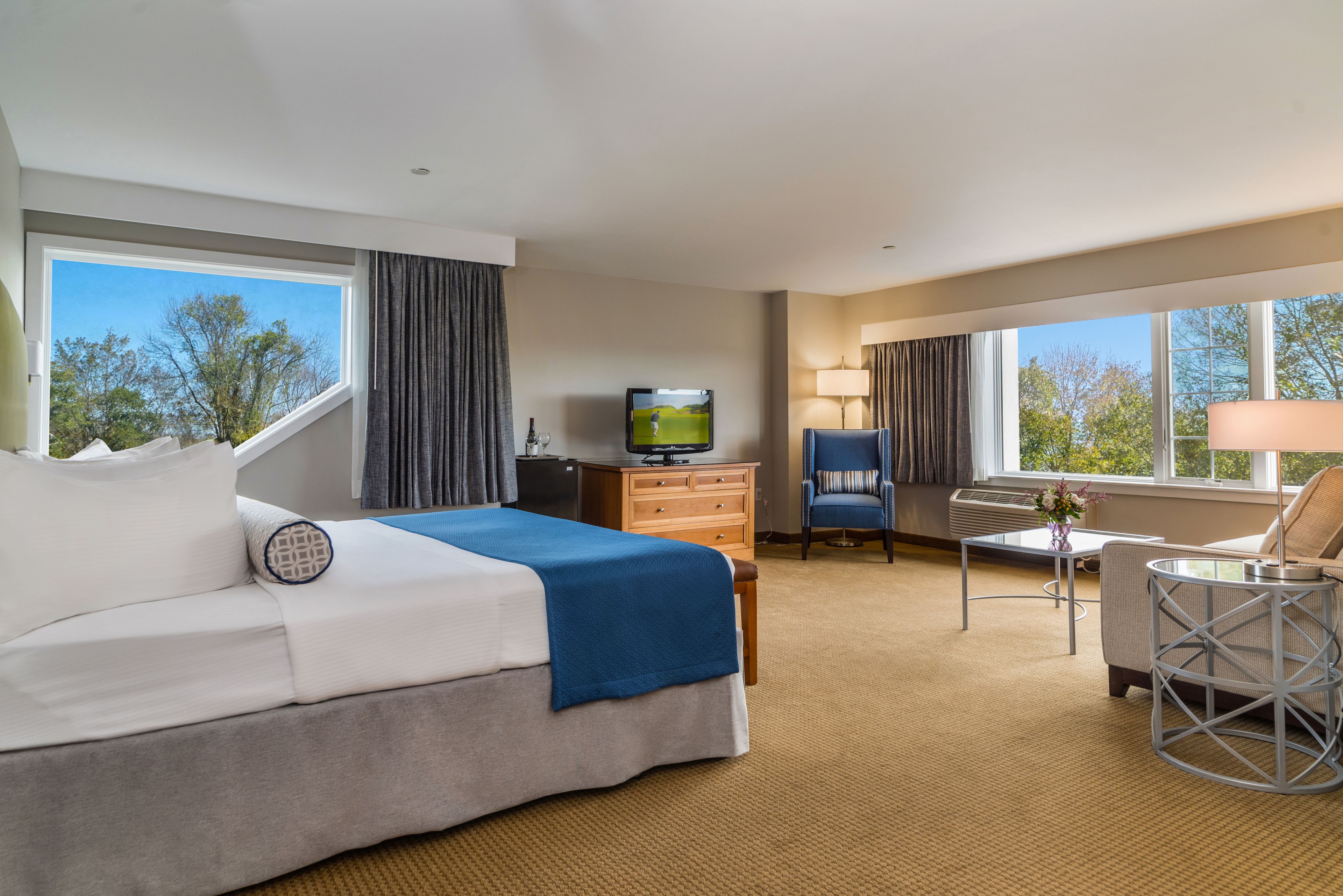 A hotel room with a bed, a desk, a TV, a chair, a lamp, and a view of trees through the window.