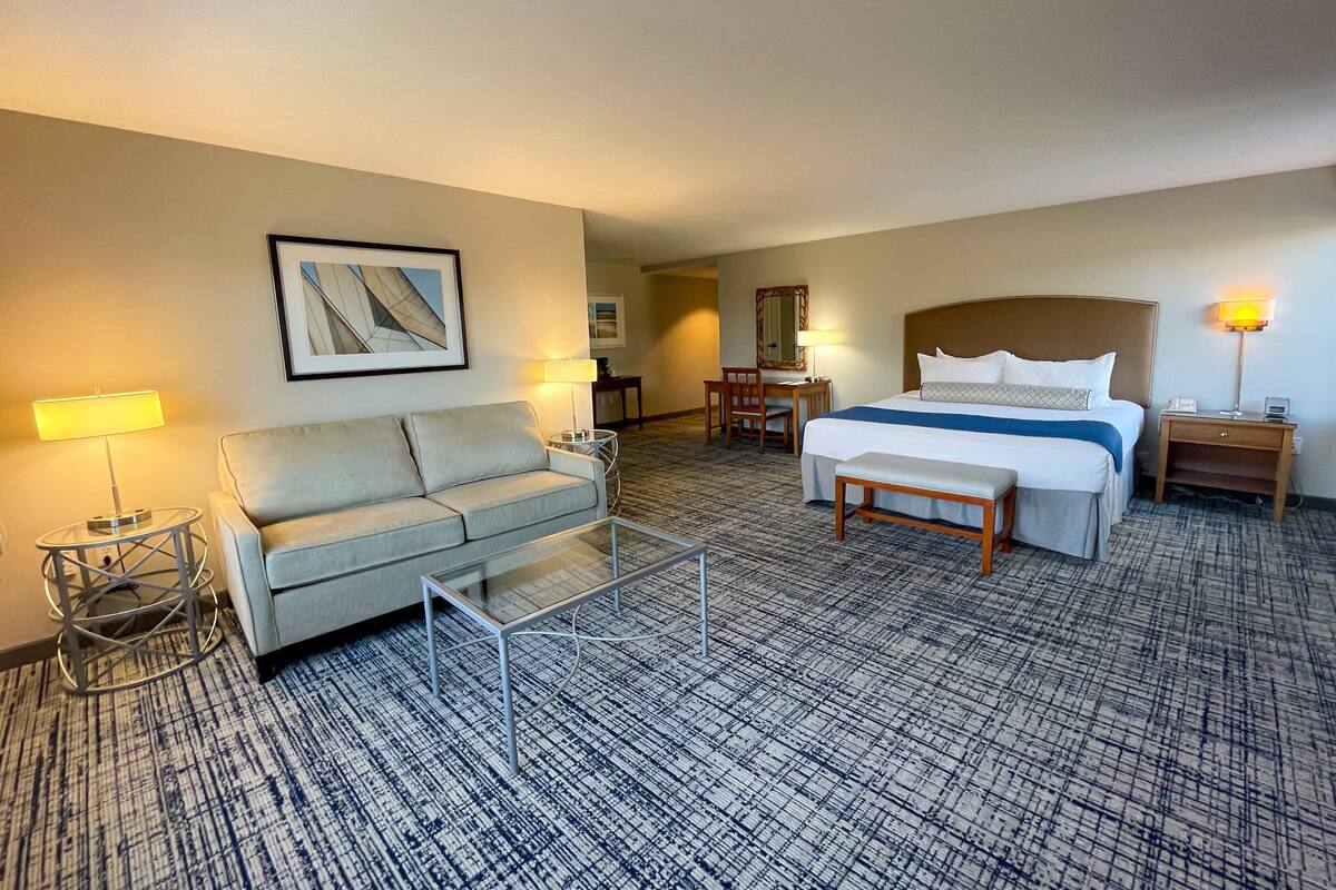 A hotel room with a bed, a sofa, a desk, a chair, and a small table.