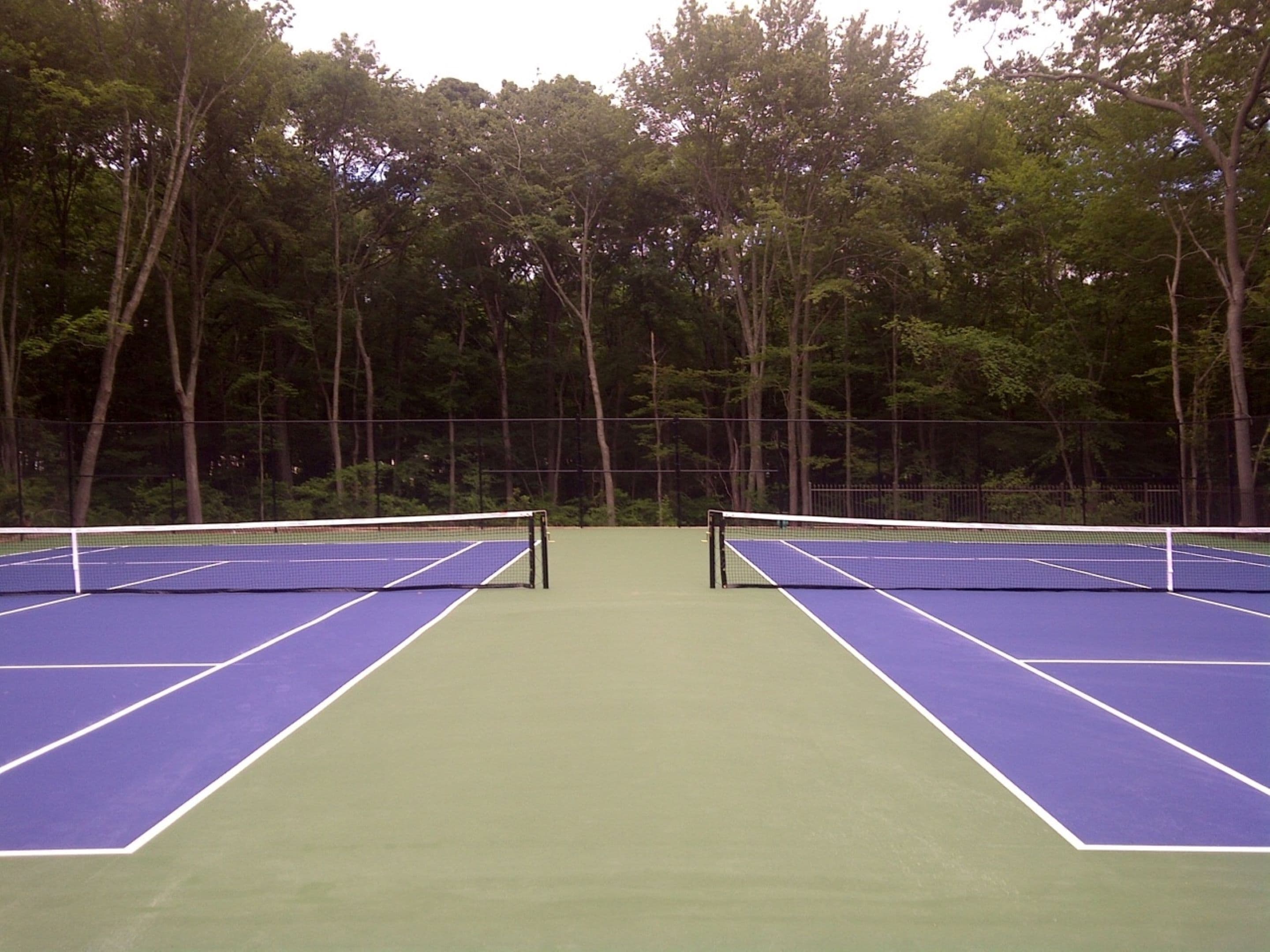 A tennis court with a net in the center, surrounded by trees.