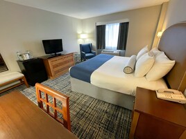 A hotel room with a bed, a desk, a chair, a TV, a dresser, and a lamp.