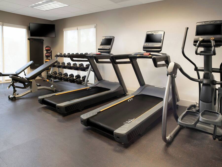 A gym with treadmills, a bench, dumbbells, and a TV on the wall.