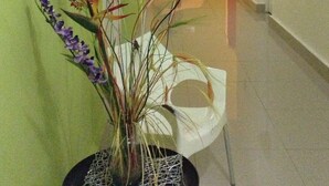 A hallway with a potted plant, a bed, and a door. - Adam Suites (Santo Domingo)