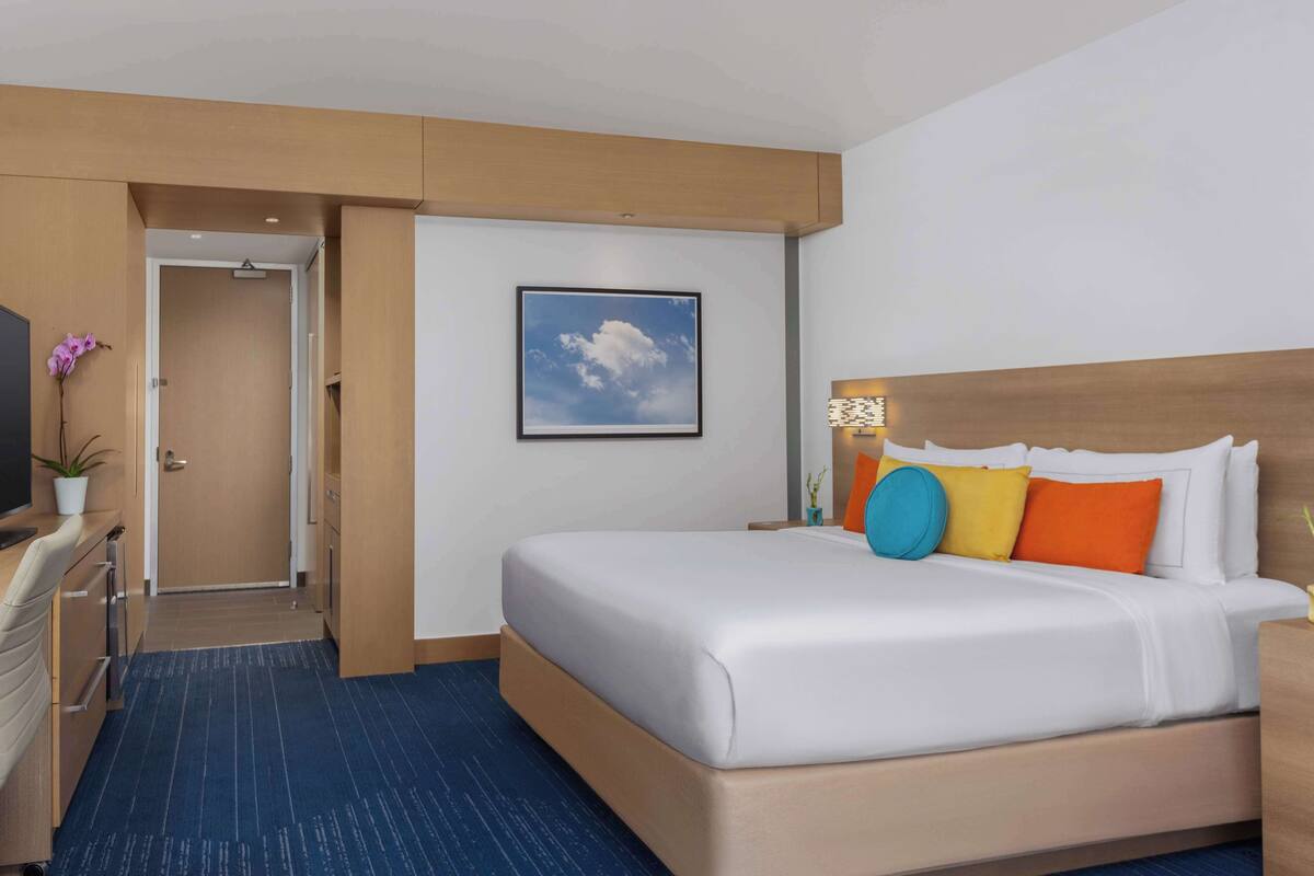 A hotel room with a bed, a desk, a chair, a TV, a plant, and a door leading to another room.