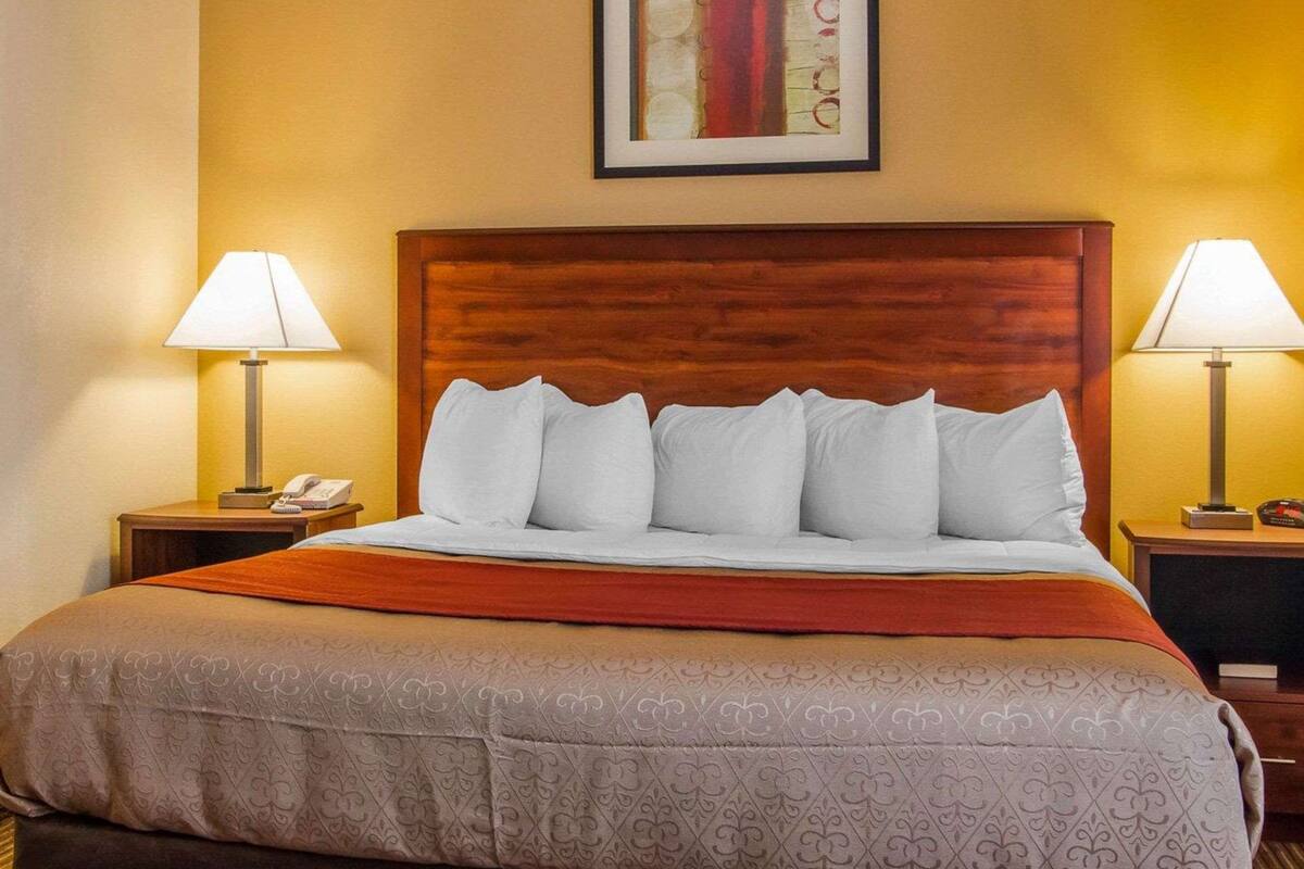 A hotel room with a wooden headboard, a bed with white pillows, a brown bedspread, two bedside tables with lamps, and a framed artwork on the wall.