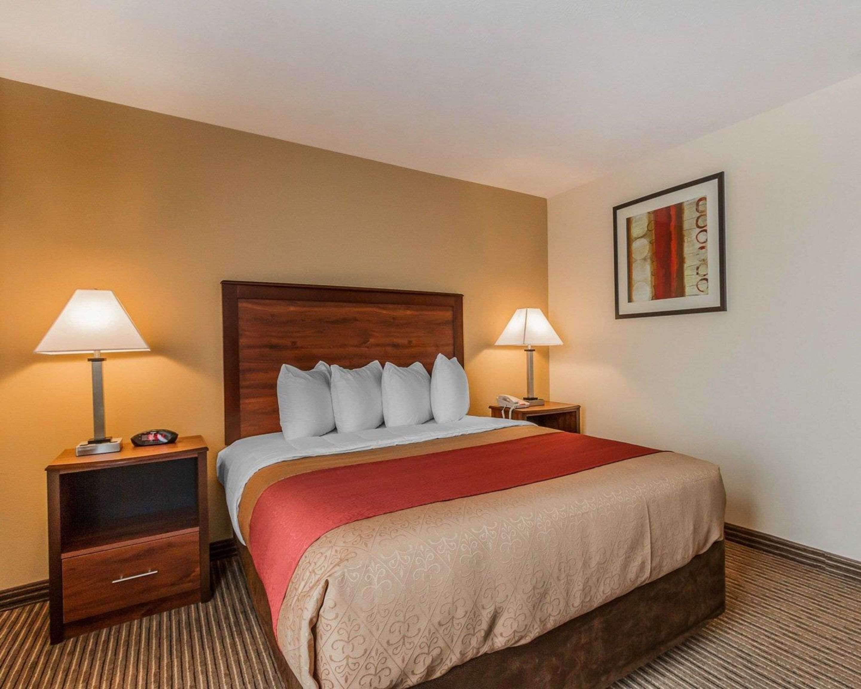 A hotel room with a wooden headboard, a red accent pillow, two bedside lamps, a telephone, and a framed artwork on the wall.