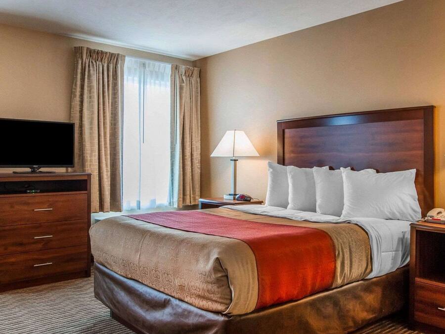A hotel room with a large bed, a television on a dresser, a lamp, and a window with curtains.