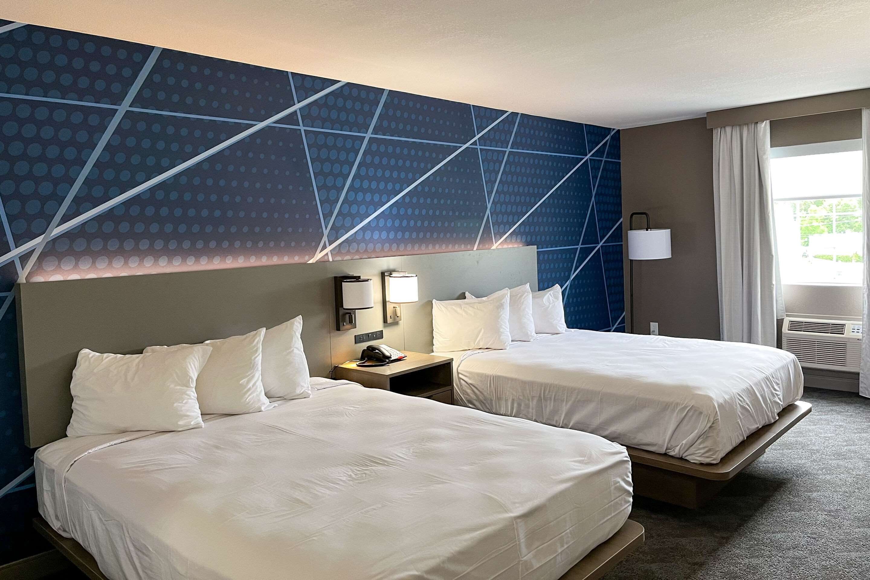 Desk, laptop workspace, blackout curtains, iron/ironing board