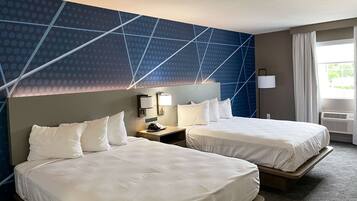 Desk, laptop workspace, blackout curtains, iron/ironing board