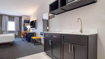 Room, 1 King Bed, Non Smoking (Efficiency, Upgrade) | Desk, laptop workspace, blackout curtains, iron/ironing board