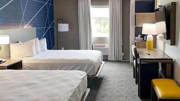 Desk, laptop workspace, blackout curtains, iron/ironing board