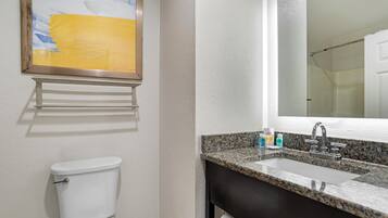 A bathroom with a toilet, a sink with a granite countertop, and a framed artwork above the toilet.