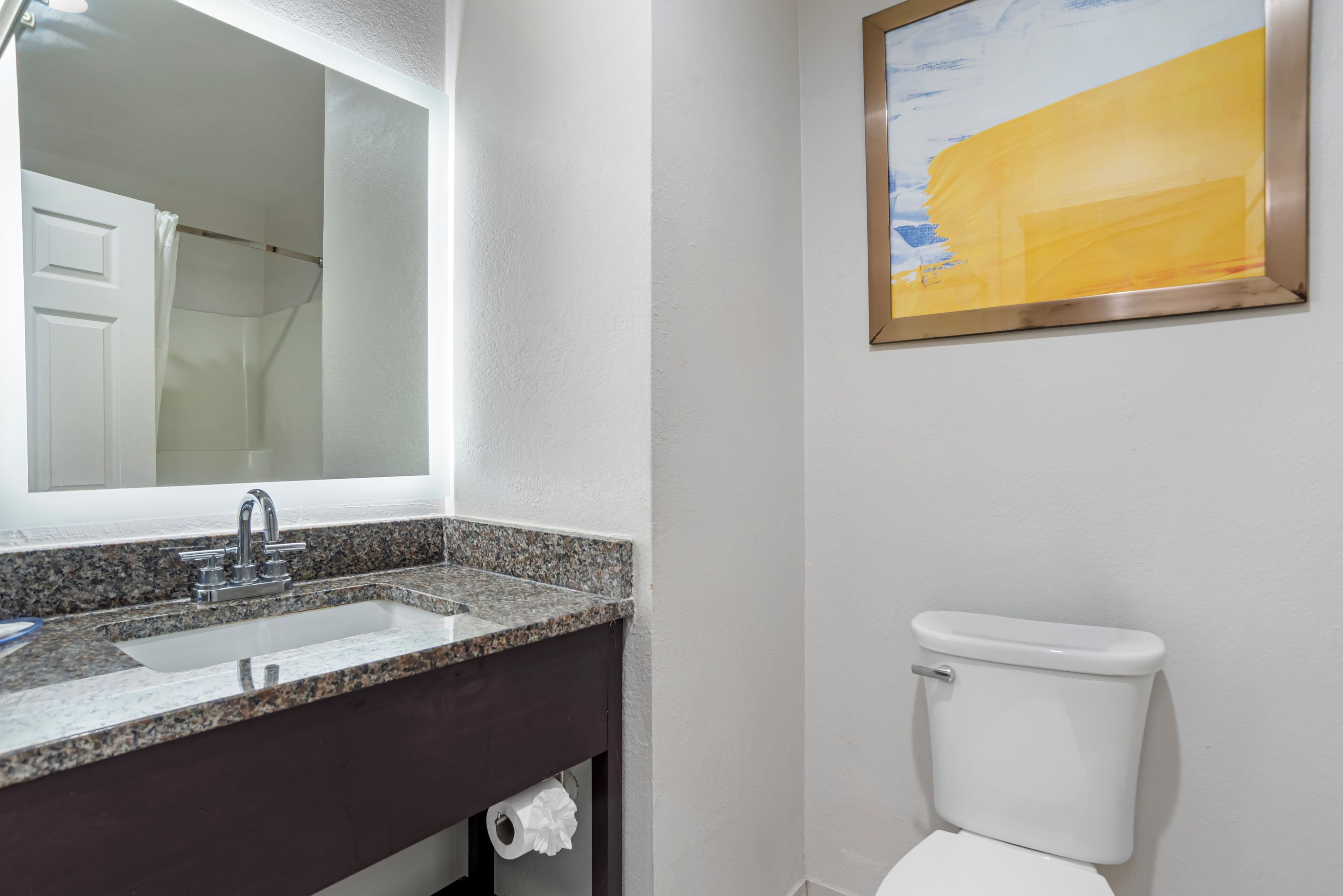 A bathroom with a sink, mirror, toilet, and a painting on the wall.