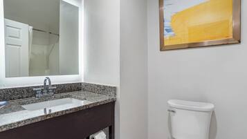 A bathroom with a sink, mirror, toilet, and a painting on the wall.