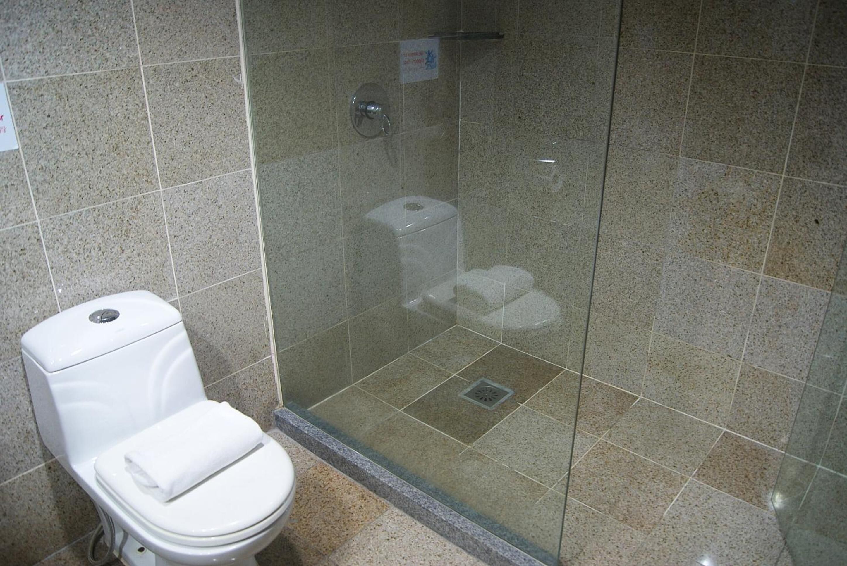 Shower, free toiletries, hair dryer
