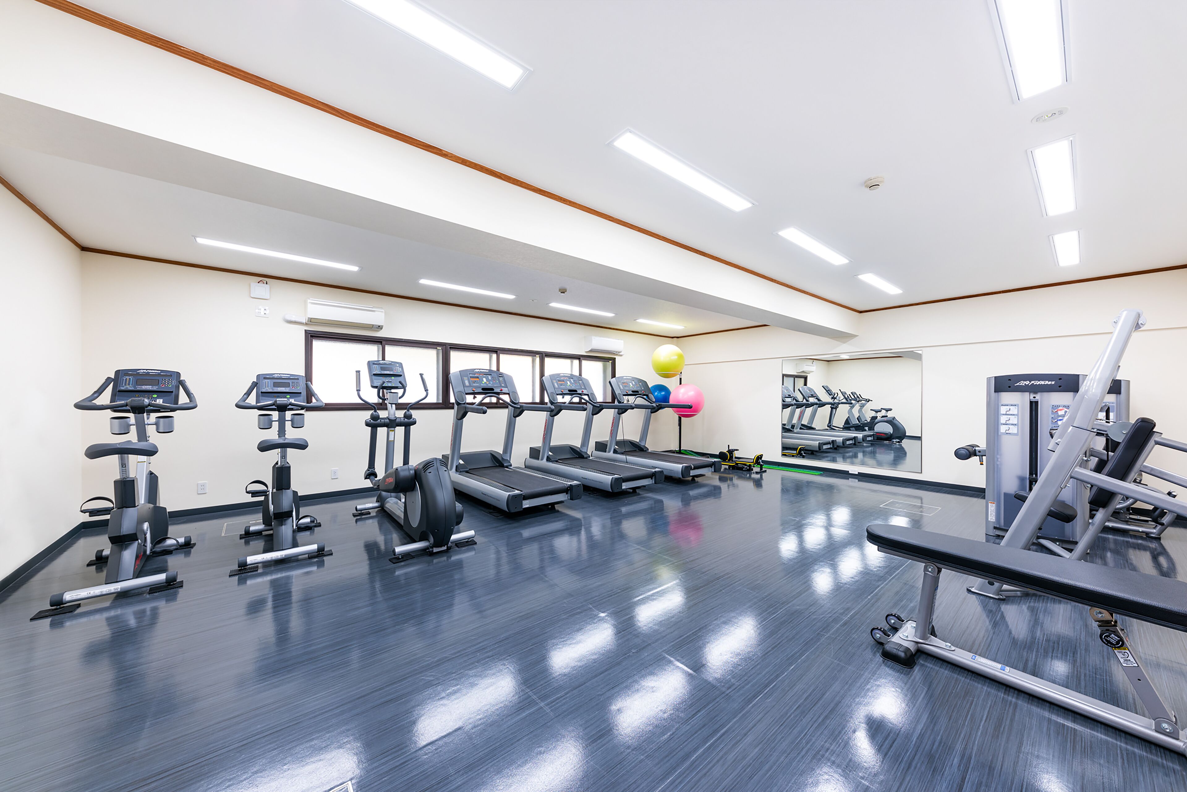 Un gimnasio con cintas de correr, elípticas y equipo de pesas.