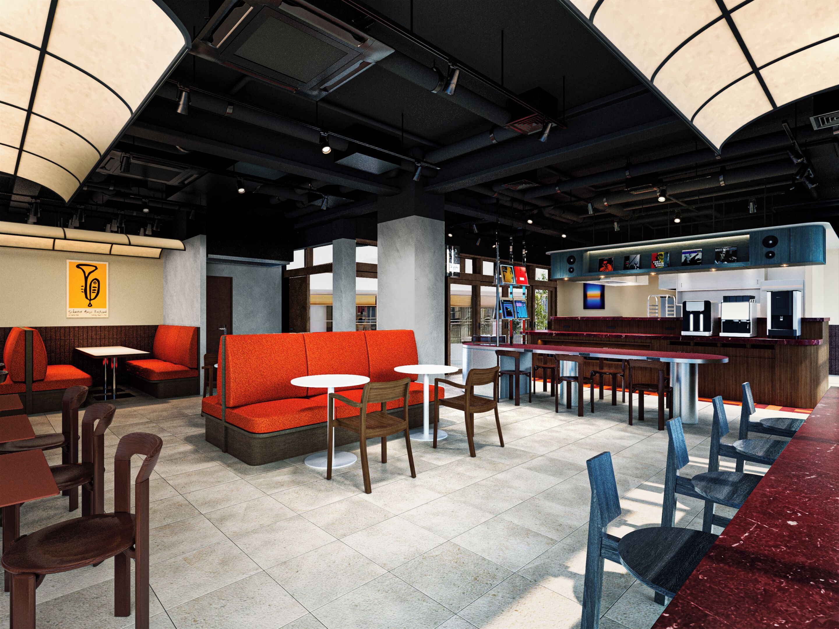A modern restaurant interior with seating arrangements, a bar area, and a visible menu board.