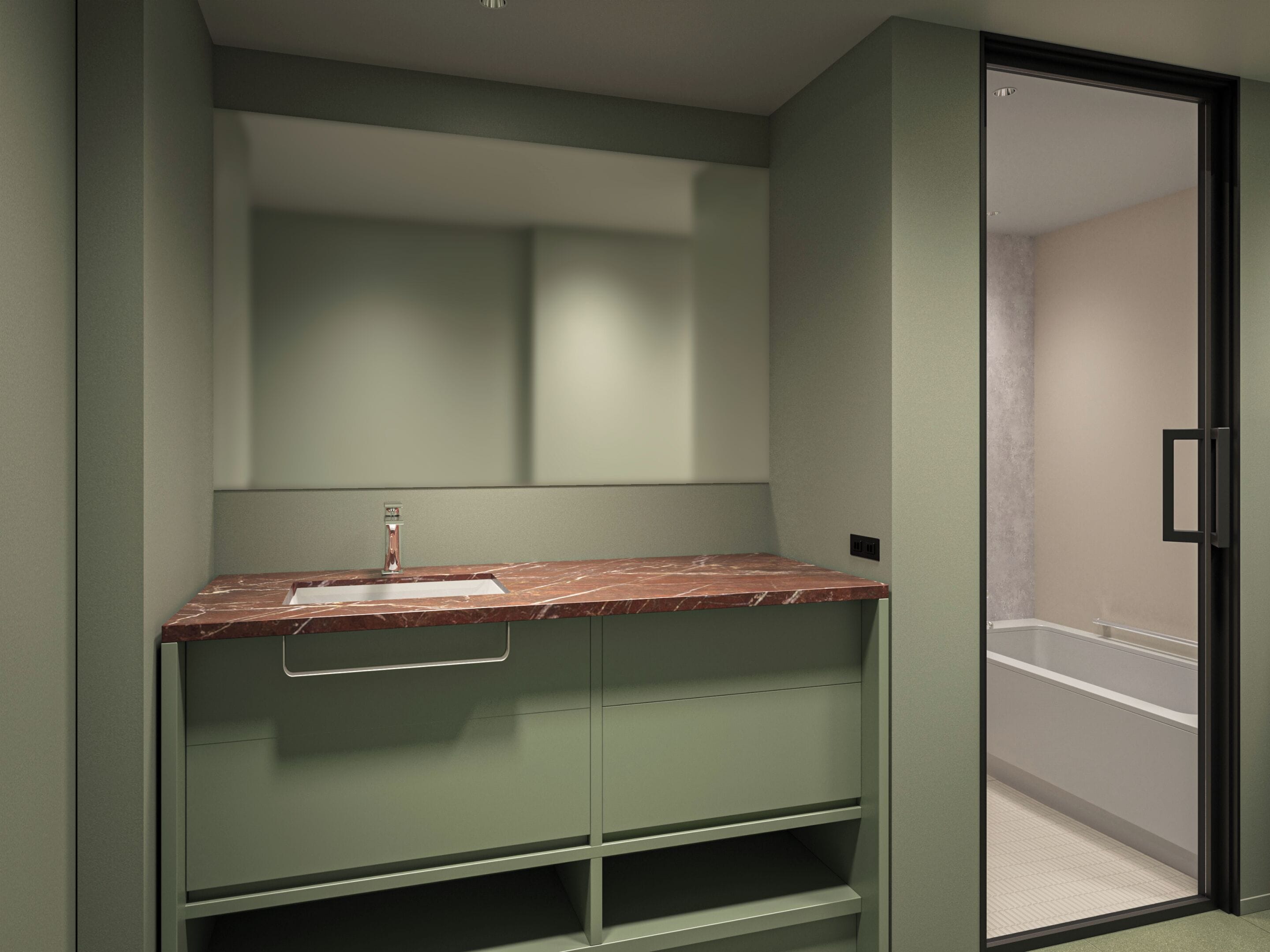 A bathroom with a marble sink, a mirror, and a shower area.