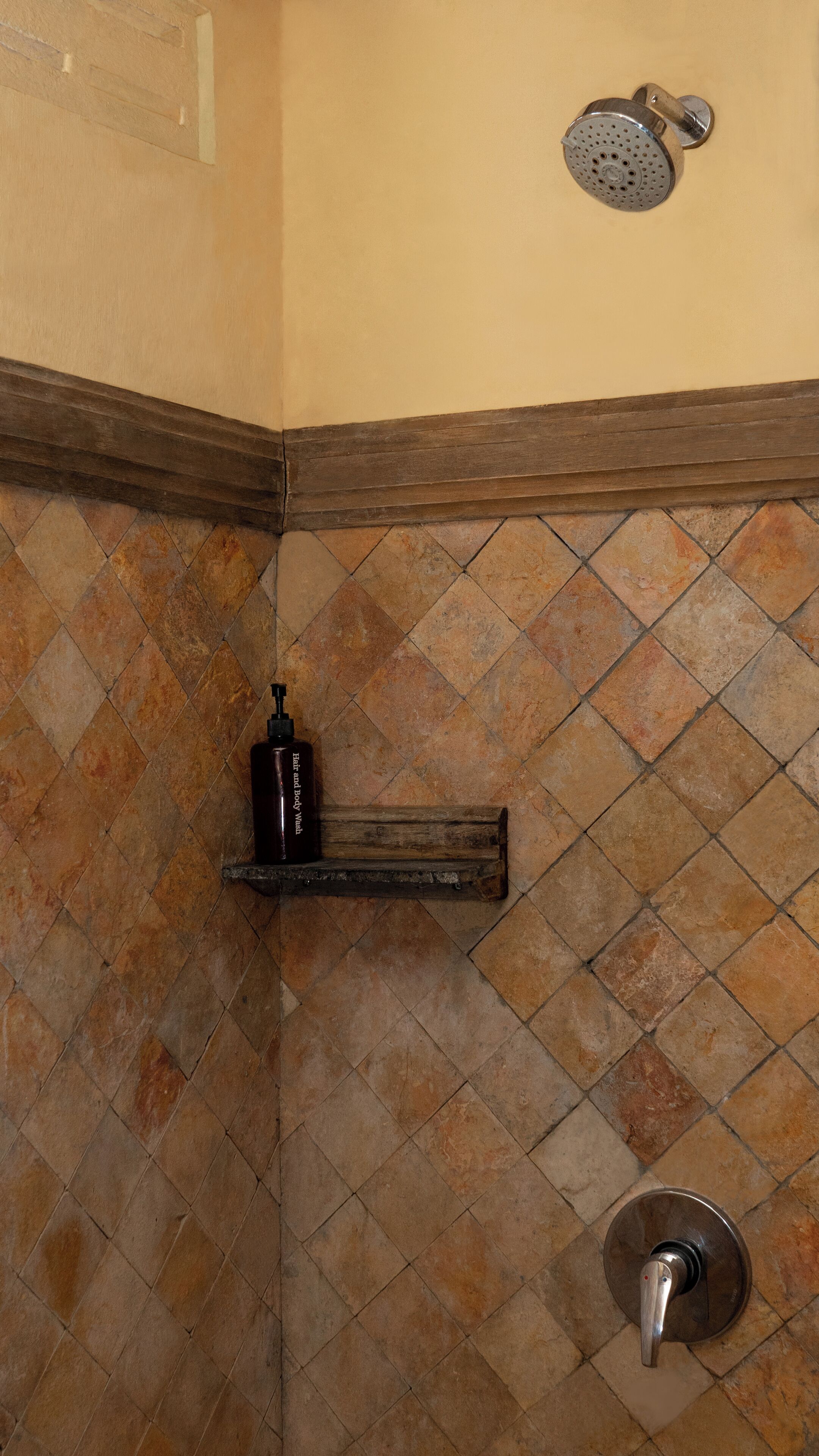 A bathroom with a shower, a soap dispenser on a shelf, and a tiled wall.