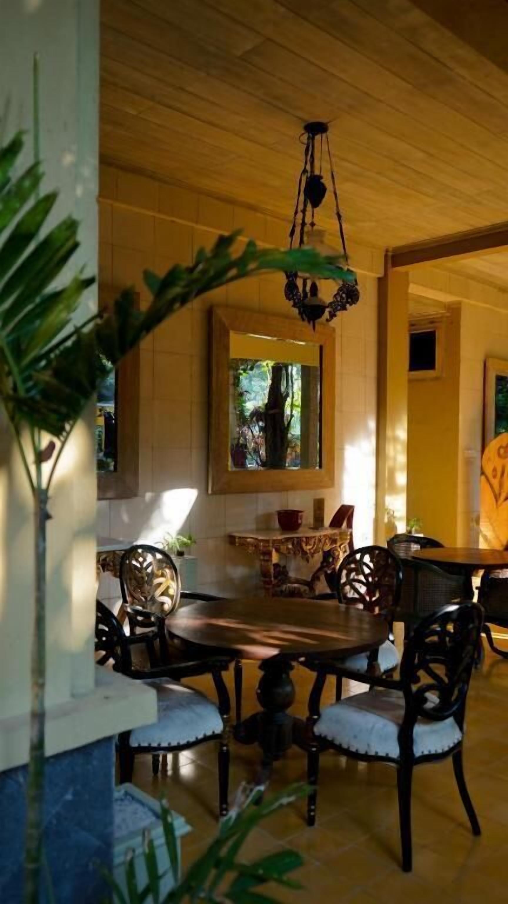A dining area with a round table and chairs, a hanging light fixture, and a window with a view of greenery.