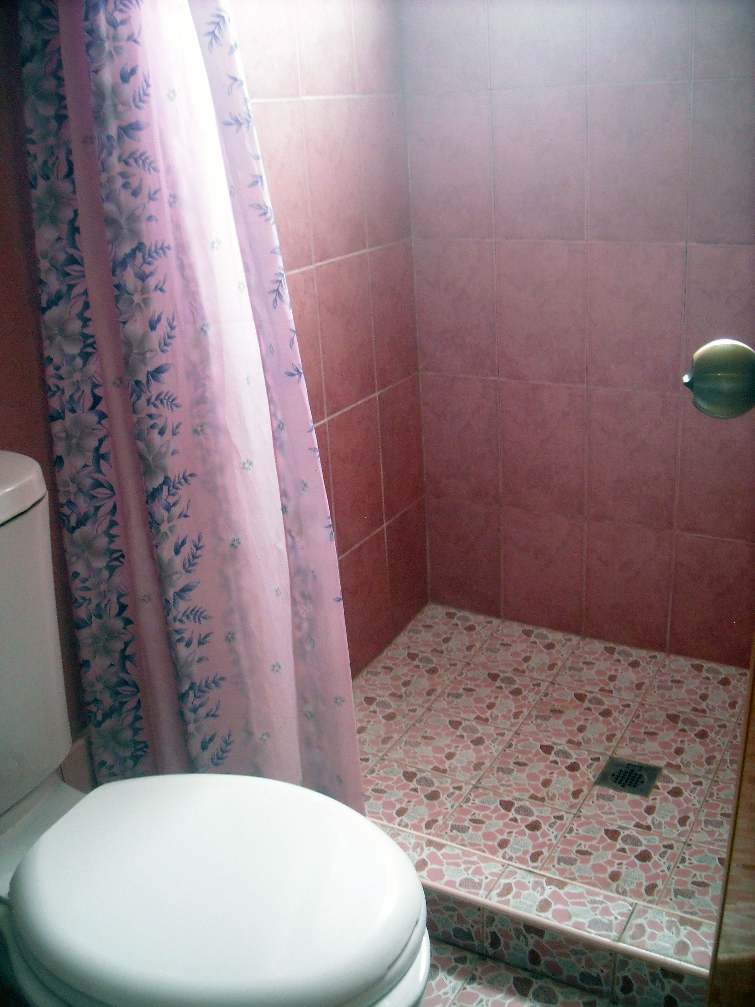 Un baño con inodoro, ducha con azulejos rosas y cortina de ducha con estampado floral.
