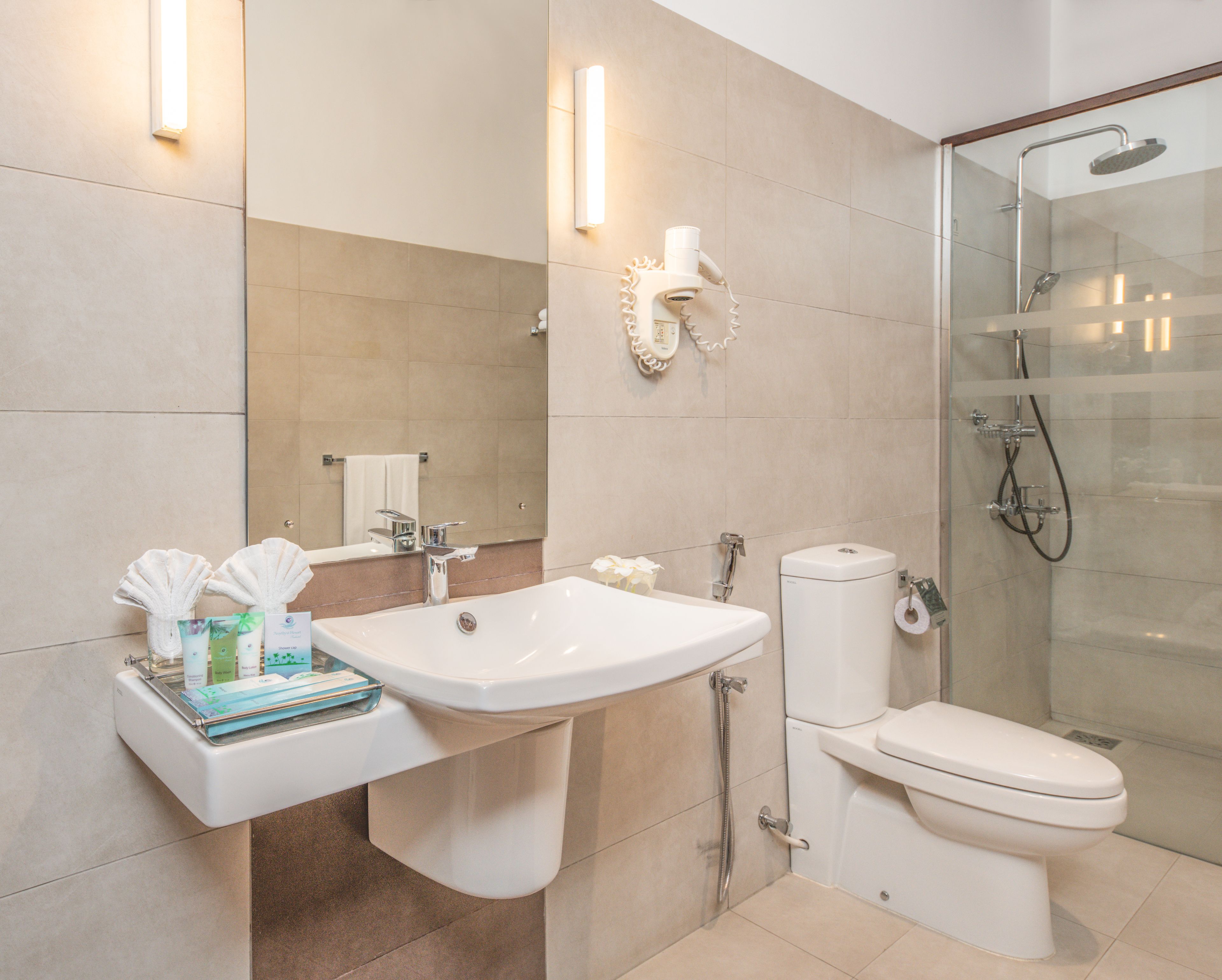 sea view room  | bathroom | shower, rainfall showerhead, free toiletries, hair dryer