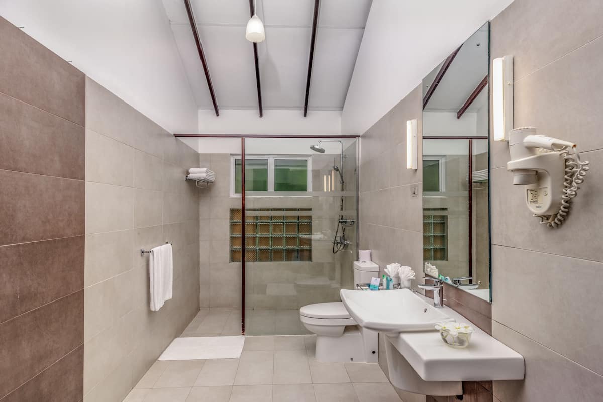 river view room  | bathroom | shower, rainfall showerhead, free toiletries, hair dryer