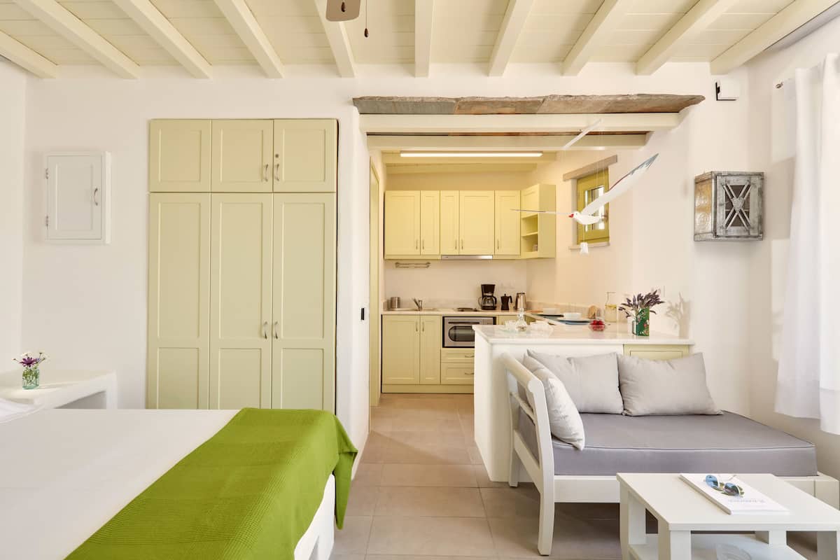 Una habitación compacta con cama, una mesita, sofá, kitchenette y baño.